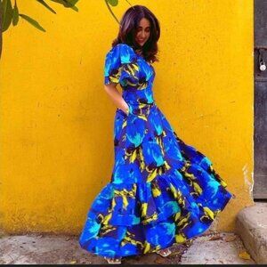 Christopher John Rogers x Target Blue Floral Puff Sleeve Tiered Dress Size 8